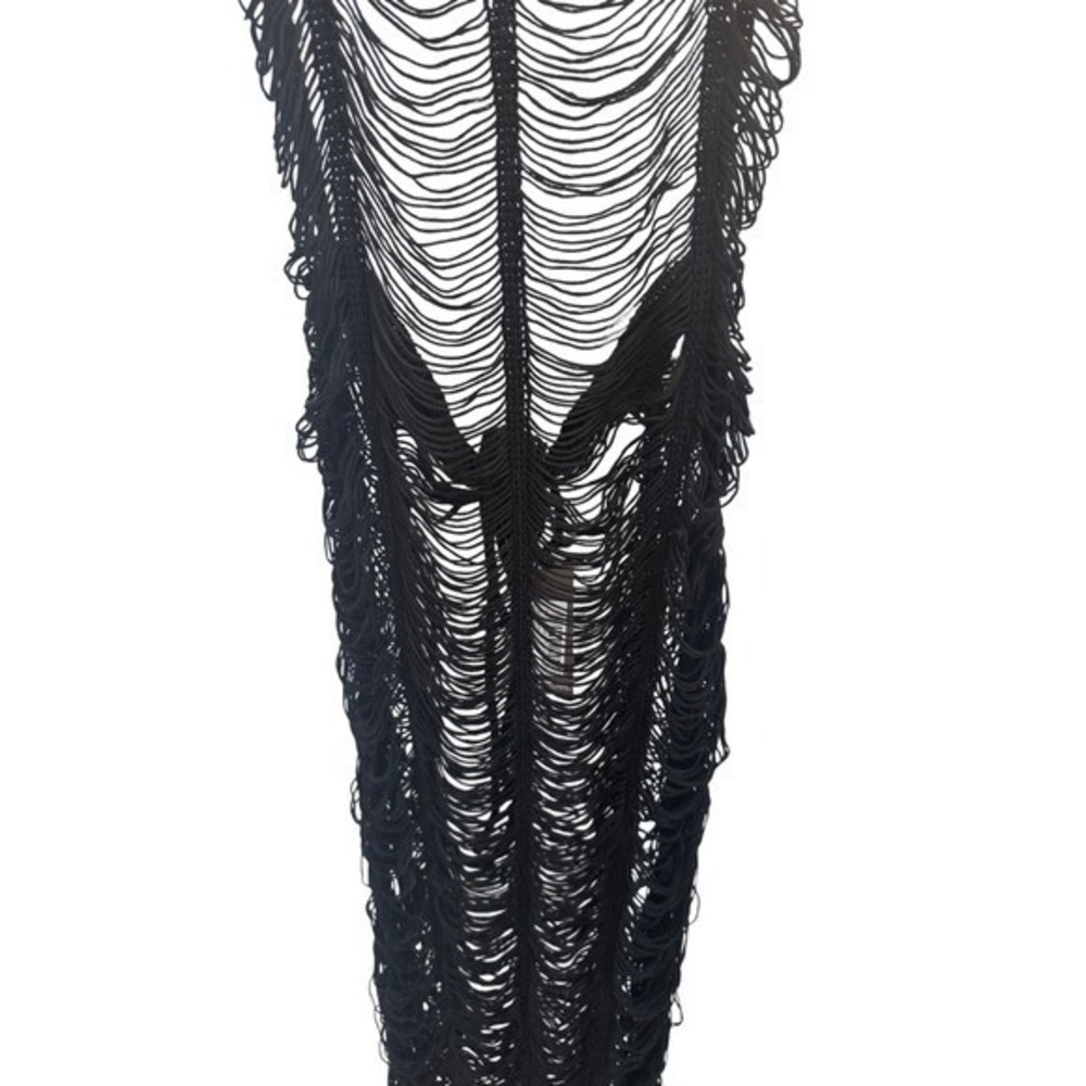 PrettyLittleThing Beach Dress Womens XXL Black Tassel Knit Plus Boho Distressed - Picture 4 of 13